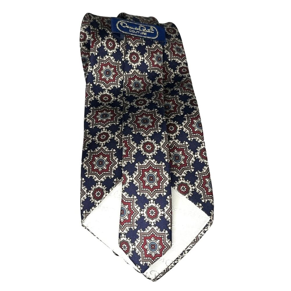 Oscar De La Renta Couture 100% Silk Red Blue Brown & White Geometric Men's Tie - Picture 10 of 10
